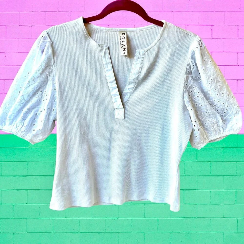 Dolan Anthropologie White Ribbed Top Puff Sleeve Eyelet Womens Medium NEW